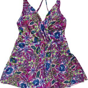 NWT Stella Parker Floral Women’s Swim One Piece Swim Dress Tummy Tone Ties .